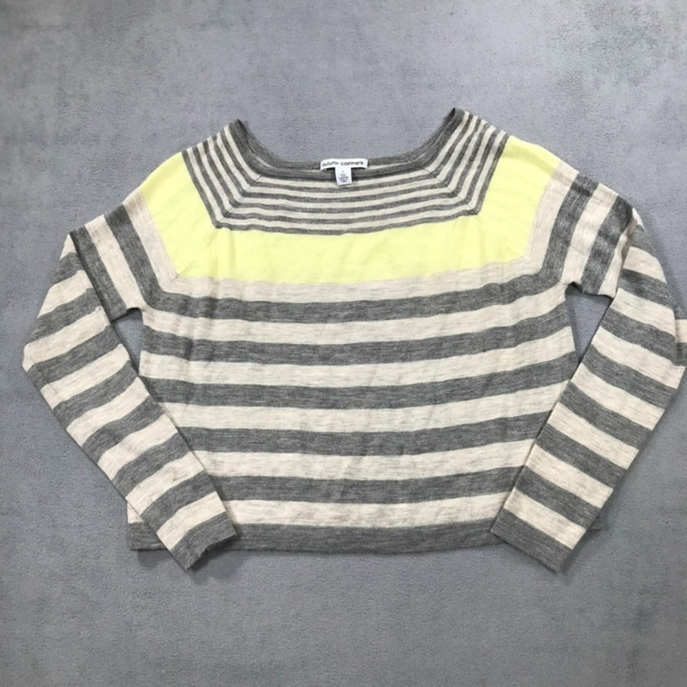 Autumn Cashmere Sweater Women's Small Striped Crop Boxy Long Sleeve Gray Yellow
